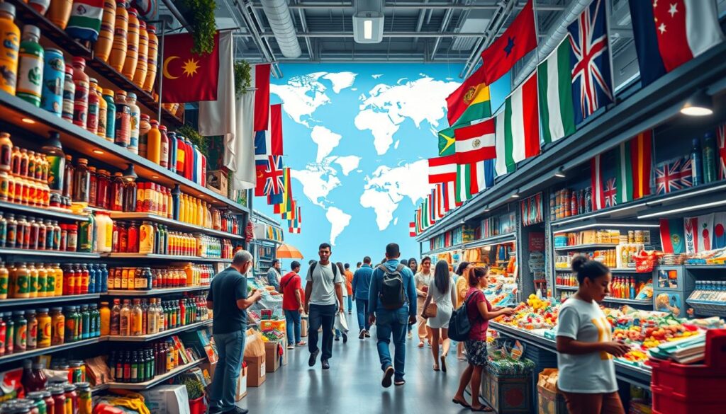 A bustling small store filled with diverse products, transitioning into a vibrant global marketplace with flags from various countries, a world map in the background, and people of different cultures shopping and interacting, showcasing elements of growth and connection.