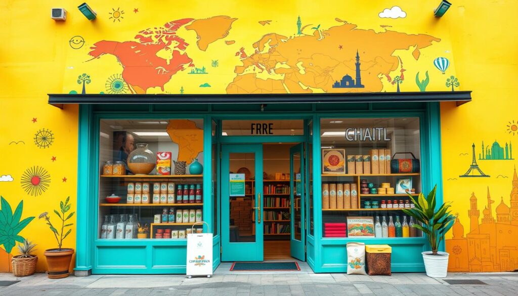 A vibrant storefront with a world map backdrop, showcasing diverse cultural elements, arrows symbolizing growth and connection, various international landmarks in the distance, and a blend of local products alongside global icons, all set in a bright, optimistic color palette.