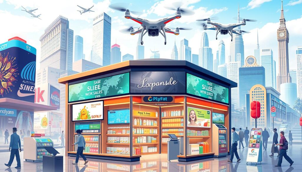 A bustling small store with modern technology elements, featuring digital screens showcasing online sales, automated checkout systems, and drones delivering products, surrounded by vibrant city life and global landmarks in the background, symbolizing expansion and connectivity.