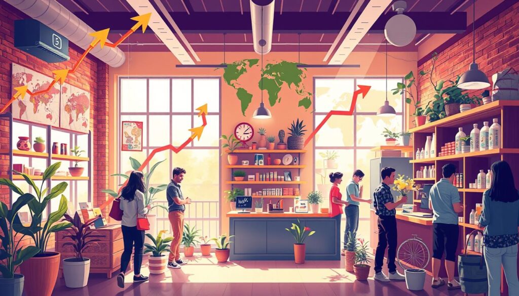 A vibrant scene depicting a small, cozy store bustling with activity, surrounded by various growth elements like upward arrows, blooming plants symbolizing expansion, and diverse customers engaging with products. The store showcases unique items on shelves, with a warm ambiance created by natural light streaming through large windows. In the background, subtle hints of a global presence such as maps or international flags can be incorporated, encapsulating the essence of small business growth strategies in an inviting and optimistic atmosphere.