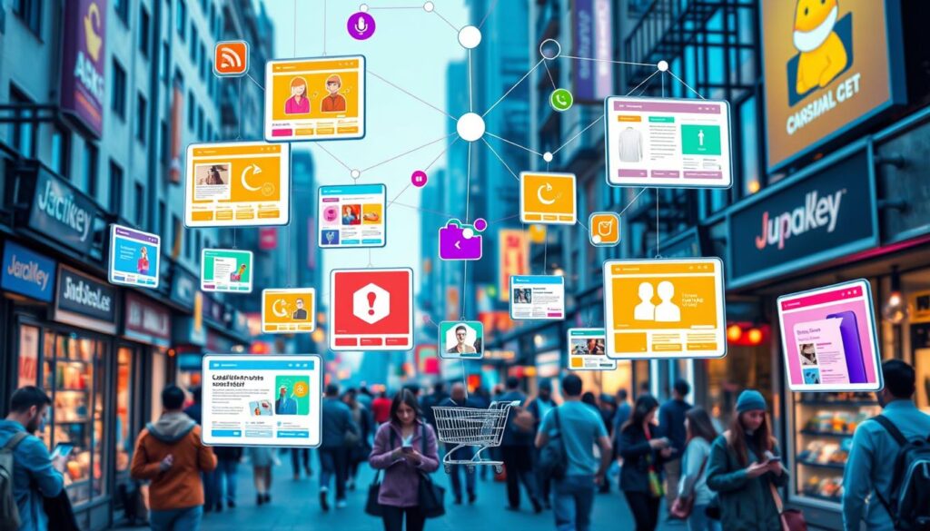 A vibrant digital marketplace scene depicting various classified ads visually represented as colorful floating screens, showcasing diverse products and services. Incorporate elements like social media icons and shopping carts, along with a network of interconnected nodes symbolizing social commerce. The background is a dynamic urban setting with people engaging with devices, illustrating the fusion of technology and community in modern advertising trends.