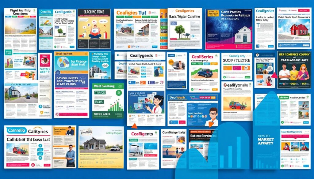 A collage of various classified ads from different sectors, featuring vibrant colors and dynamic layouts, showcasing trends such as digital elements, eco-friendly designs, and social media integration. Include visual representations of real estate listings, job postings, and local services, with abstract shapes symbolizing connectivity and market growth.