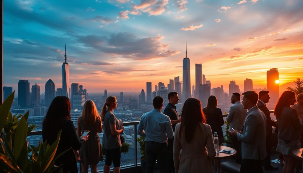 A vibrant city skyline at dusk with silhouettes of diverse professionals networking in a modern rooftop lounge, surrounded by greenery and elegant decor, showcasing handshakes, exchange of business cards, and expressions of collaboration.