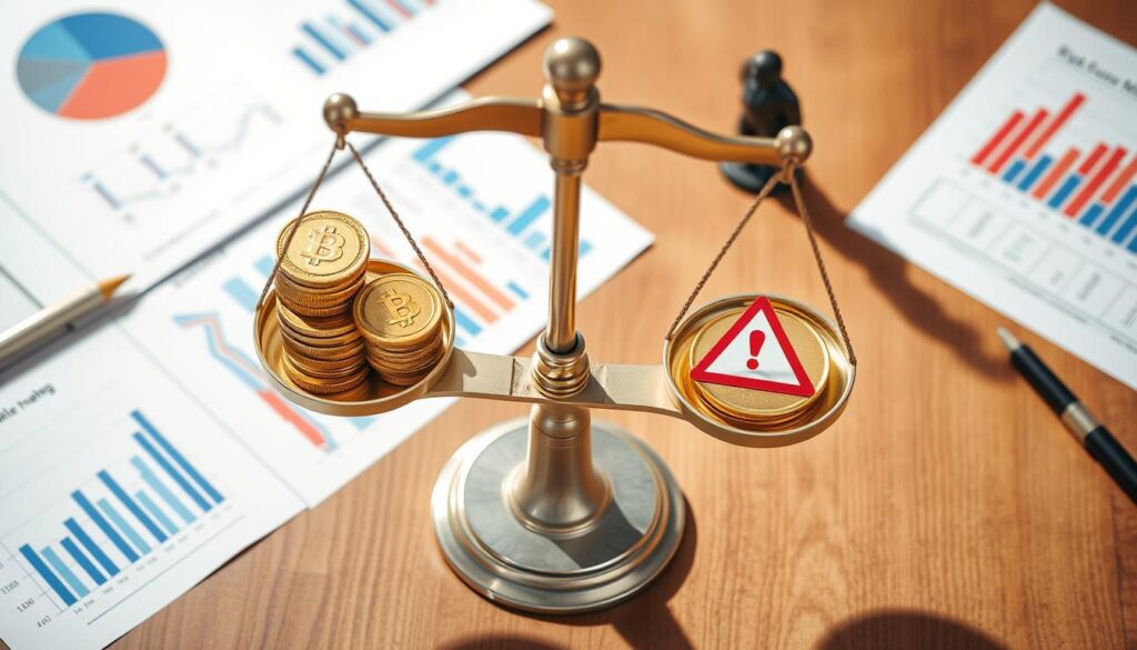 A balanced scale with gold coins on one side and red warning symbols on the other, placed on a wooden desk surrounded by charts and graphs, with a shadow of a cautious figure observing, representing the concept of risk management in financial deals.