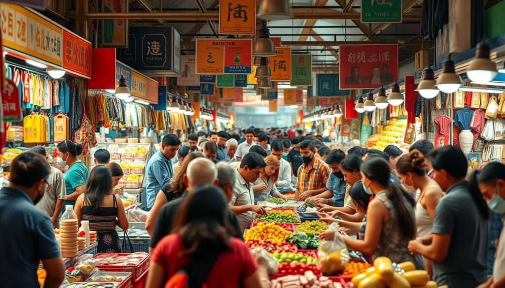 A vibrant marketplace scene filled with diverse people engaging in buying and selling activities, showcasing colorful stalls with various products, a dynamic exchange of goods, a sense of excitement and commerce, visual elements representing negotiation and strategy like bargaining gestures, and hints of success through happy faces and transactions, lively atmosphere with warm lighting.