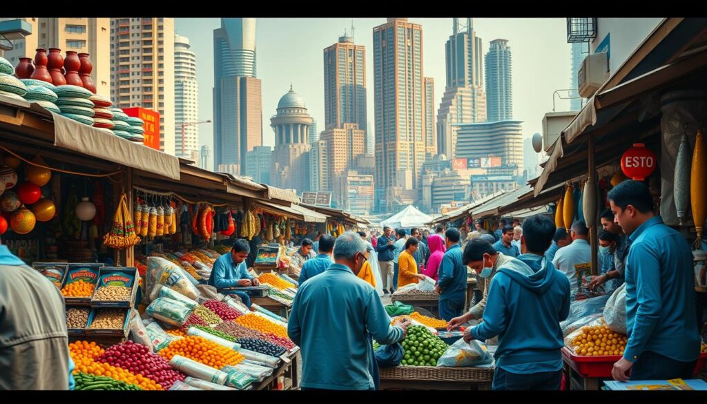 A bustling marketplace scene showcasing diverse products being exchanged; vibrant stalls filled with goods, people engaged in negotiations, a backdrop of towering city buildings, and an atmosphere of dynamic trade and commerce.