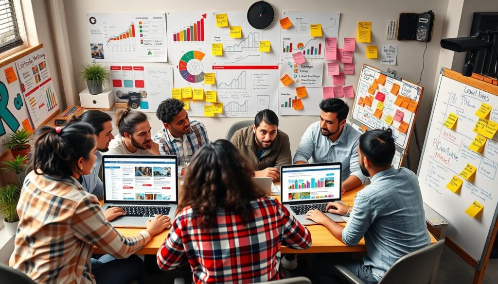 A vibrant workspace scene depicting a diverse group of people collaborating on a digital marketing campaign, surrounded by colorful charts and graphs, laptops showing classified ads, post-it notes with ideas, and a whiteboard filled with optimization strategies. The atmosphere is energetic and creative, emphasizing teamwork and innovation in advertising.