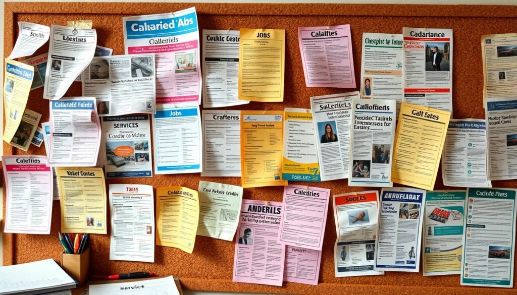 A collection of colorful, diverse classified ads pinned to a corkboard, featuring various categories like jobs, housing, services, and items for sale. The background is an office environment with soft lighting, scattered stationery supplies like pens and notepads, creating a vibrant yet organized chaos. Some ads are torn or crinkled, showcasing a mix of bold fonts and images that represent the various offerings.