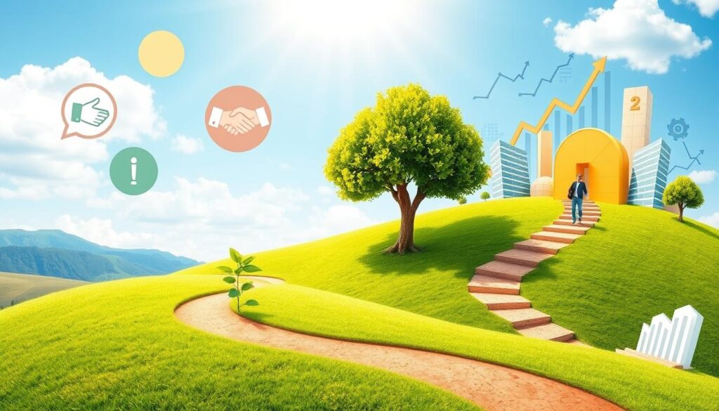 A vibrant landscape depicting a winding path representing a business growth journey, featuring milestones like a small seedling growing into a robust tree, surrounded by symbols of trust such as hands shaking and open doors, with elements like rising graphs and flourishing markets in the background, all set against a bright sky to symbolize optimism and success.