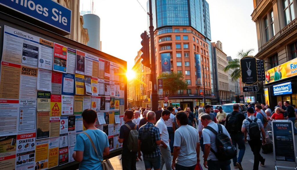 A vibrant scene of a bustling city street, showcasing a large bulletin board filled with diverse classified ads, featuring colorful flyers for jobs, services, and items for sale, surrounded by people of various backgrounds interacting, with a warm sunset light casting a golden hue over the scene.