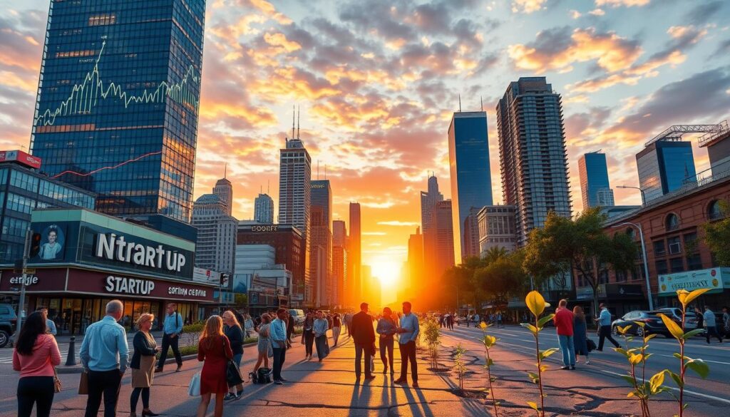 A vibrant city skyline at sunrise, symbolizing startup growth, with skyscrapers featuring digital graphs and icons representing financial milestones, a bustling street below filled with diverse people engaging in business discussions, and plants growing from cracks in the pavement signifying resilience and innovation.