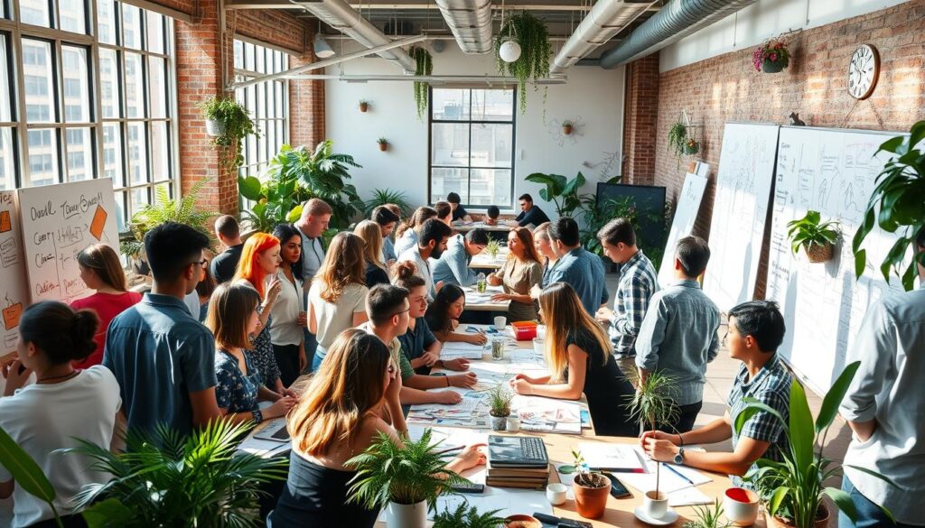 A vibrant and bustling urban workspace filled with diverse individuals brainstorming and collaborating, surrounded by whiteboards filled with ideas and sketches, plants adding life to the environment, a sense of energy and innovation in the air, sunlight streaming through large windows creating an inspiring atmosphere of creativity and determination.