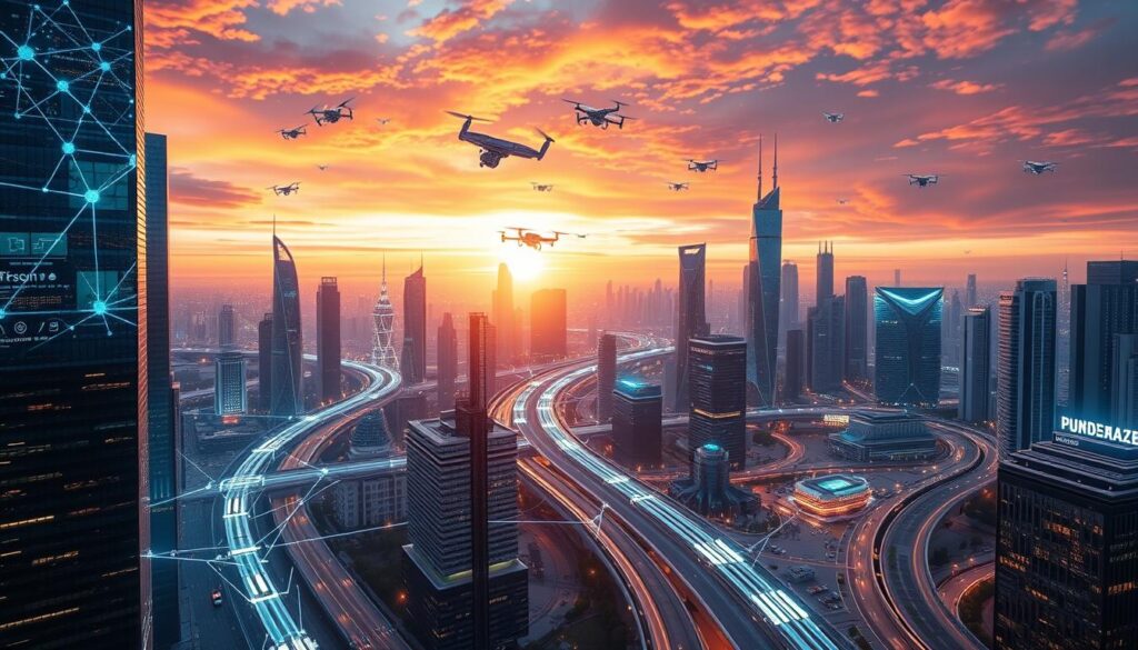 A futuristic cityscape showcasing advanced technology infrastructure, with sleek skyscrapers integrated with digital networks, holographic displays, and renewable energy sources. Bright, interconnected pathways illustrating data flow, autonomous vehicles on smart roads, and an expansive skyline filled with drones and satellite links, all under a vibrant sunset sky reflecting innovation and digital transformation.