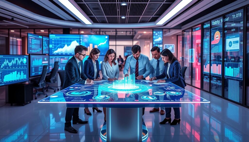 A futuristic office environment with digital screens displaying graphs and data analytics, diverse professionals collaborating over a holographic table showcasing digital transformation strategies, vibrant colors highlighting technology integration, abstract representations of cloud computing and blockchain in the background.