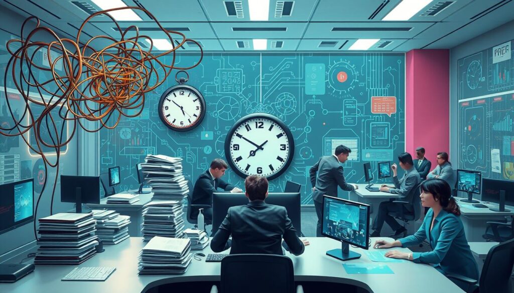 A futuristic office environment displaying various digital transformation challenges, such as a tangled web of cables representing data integration issues, a broken clock symbolizing time management stress, stacks of paperwork versus digital screens illustrating the clash between traditional and modern practices, and a diverse team of professionals collaborating around an advanced digital interface, all set against a backdrop of abstract technology patterns and emotive expressions of frustration and determination.