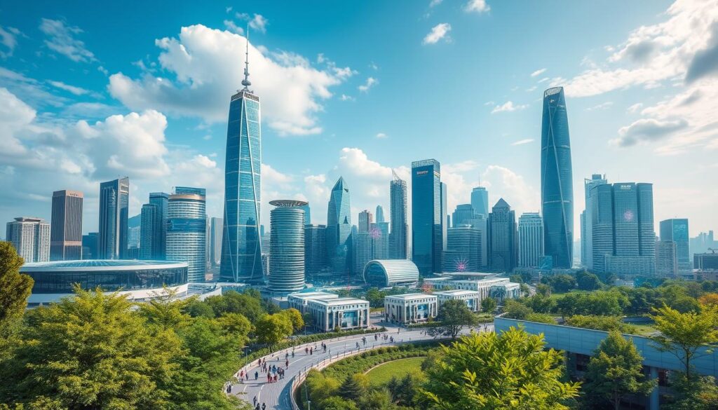 A futuristic city skyline with advanced technology, digital interfaces blending into urban architecture, vibrant holographic displays, people interacting with augmented reality elements, lush green spaces integrated with smart infrastructure, showcasing the harmony of technology and nature in a thriving business environment.