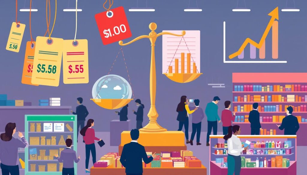 A dynamic scene depicting various product pricing strategies, including price tags with different amounts, a scale balancing high and low prices, vibrant charts showing upward trends, and attractive product displays in a retail environment, all set against a backdrop of diverse customers interacting with the products, emphasizing the concept of effective pricing to attract buyers and enhance profits.