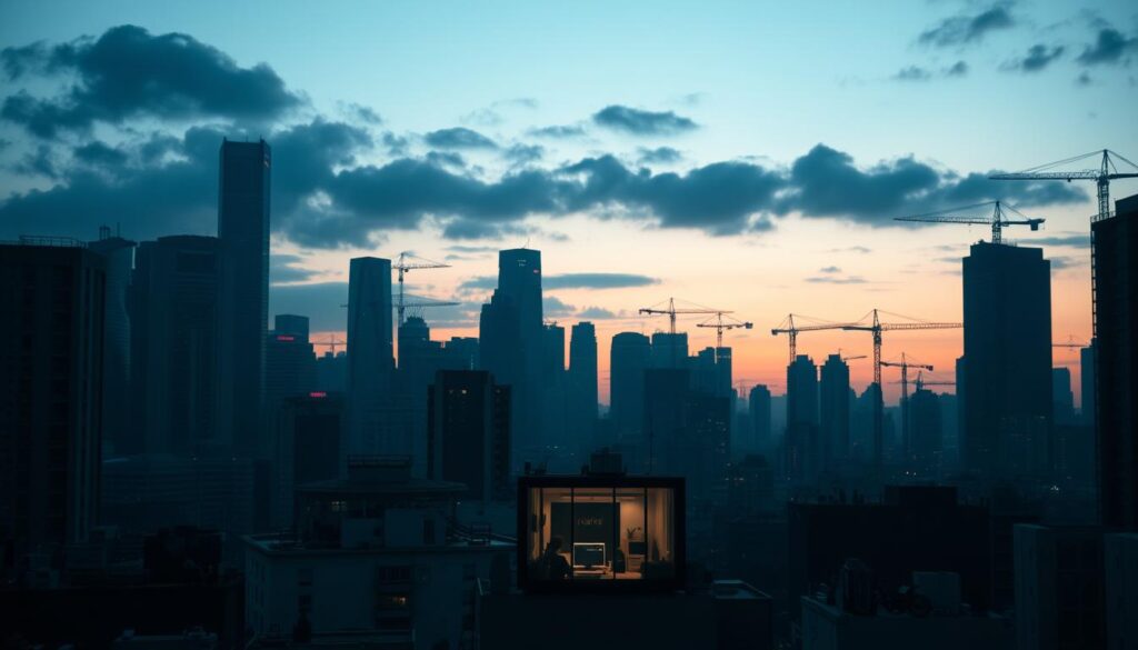 A bustling city skyline at dusk, with towering skyscrapers and cranes dotting the horizon. In the foreground, a small startup office struggles against the overwhelming challenges of the modern entrepreneurial landscape. The dim lighting casts long shadows, and the office windows are shrouded in a haze, conveying a sense of uncertainty and obstacles. The scene is captured through a wide-angle lens, emphasizing the scale and magnitude of the challenges faced by the startup. The overall mood is one of determination and resilience, as the startup fights to carve out its place in the competitive urban environment.