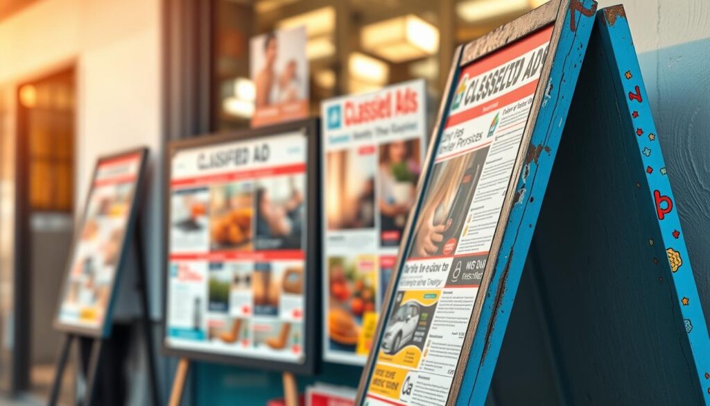 A vibrant, colorful classified ad board stands prominently in the foreground, its edges worn and weathered, evoking a sense of authenticity. In the middle ground, carefully crafted advertisements showcase a variety of products and services, each designed to entice and persuade potential customers. The background is softly blurred, creating a sense of depth and focus on the central elements. The lighting is warm and natural, casting a inviting glow over the scene, hinting at the persuasive power of these classified ads to drive immediate sales. The overall atmosphere conveys a sense of urgency and opportunity, capturing the essence of effective classified ad conversion tactics.