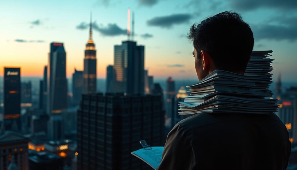 Detailed cityscape at dusk, wide angle lens. In the foreground, an entrepreneur faces a towering stack of financial documents and ledgers, overwhelmed by the complexities of starting a new business. In the middle ground, a labyrinth of obstacles - rising costs, bureaucratic red tape, and a maze of government regulations. The background depicts the glow of skyscrapers, a symbol of financial prowess, contrasting with the entrepreneur's struggle. Dramatic shadows cast by dramatic lighting, conveying the weight of financial hurdles. Muted color palette with hints of amber and indigo, evoking a sense of tension and uncertainty.