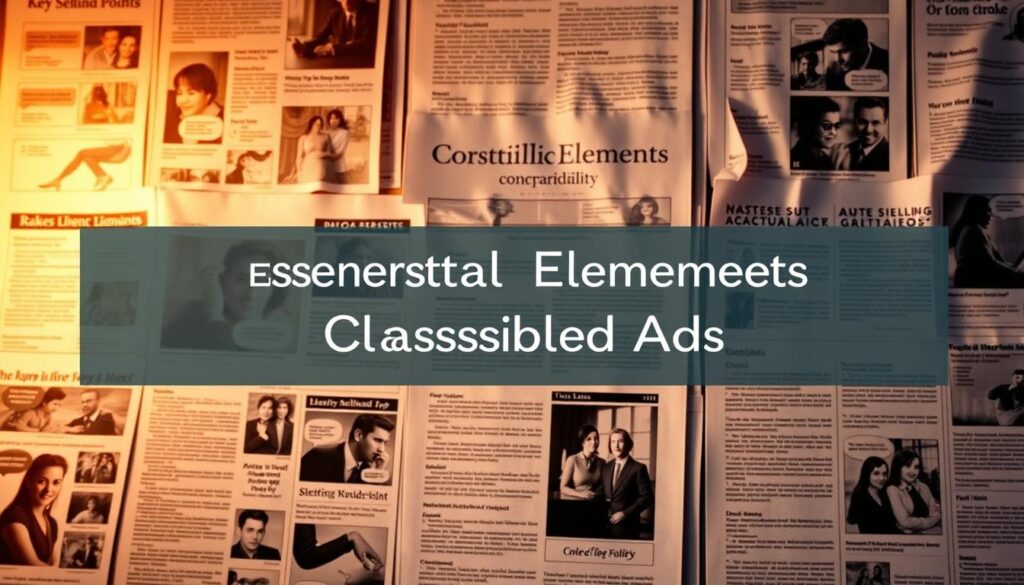 A neatly organized classified ad section, bathed in warm, soft lighting. In the foreground, various classified ads are showcased, each highlighting key selling points in a clear, concise manner. The middle ground features a stylish layout with clean typography and elegant design elements, drawing the viewer's attention. In the background, a subtle texture or pattern adds depth and visual interest, complementing the overall aesthetic. The mood is professional yet inviting, exuding a sense of trustworthiness and reliability, perfectly suited for the "Essential Elements of Persuasive Classified Ads" section.