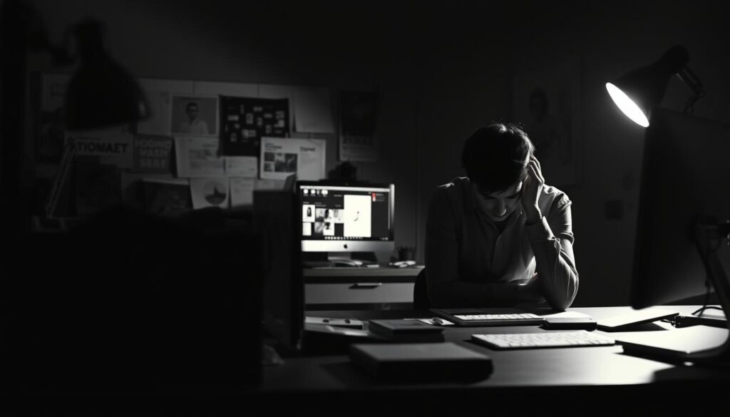 A high-contrast, dramatically lit scene depicting a designer's workspace, with the foreground showcasing common visual hierarchy mistakes - overlapping elements, disproportionate sizing, and lack of focus. The middle ground features a desktop cluttered with design assets, while the background reveals a pensive, troubled designer contemplating their work. Dramatic shadows emphasize the gravity of the situation, creating a tense, cautionary atmosphere that underscores the consequences of visual hierarchy errors in advertising design.