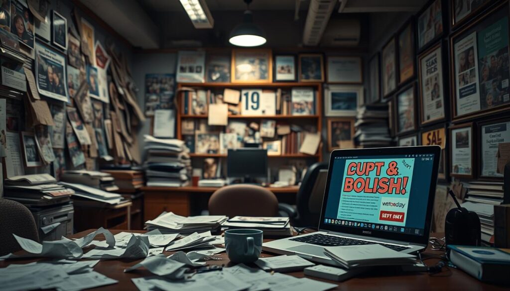 A dimly lit office space with cluttered, haphazard advertisements lining the walls. The foreground features a messy desk with crumpled papers, spilled coffee, and a laptop displaying a garish, disorganized ad design. In the middle ground, shelves overflow with outdated, poorly designed marketing materials. The background reveals a sense of disarray, with crooked frames, mismatched decor, and a general lack of cohesion. The overall atmosphere conveys the negative impact of careless, unprofessional ad design on a business's brand and image.