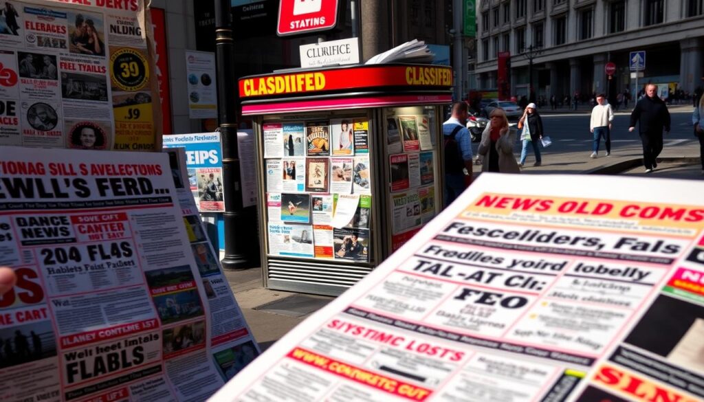 A classified ad layout with bold colored headlines, clashing text, and distracting visual elements. In the foreground, a messy collage of classified ads with garish color combinations, ill-placed graphics, and unbalanced text. In the middle ground, a news vendor kiosk displaying more classified ads, creating a sense of visual overload. The background features a busy city street, with pedestrians and traffic, adding to the chaotic atmosphere. The lighting is harsh, creating strong shadows and highlighting the cluttered, disorganized nature of the scene. The overall mood is one of visual confusion and sensory overload, reflecting the potential pitfalls of poor color choices in classified advertising design.