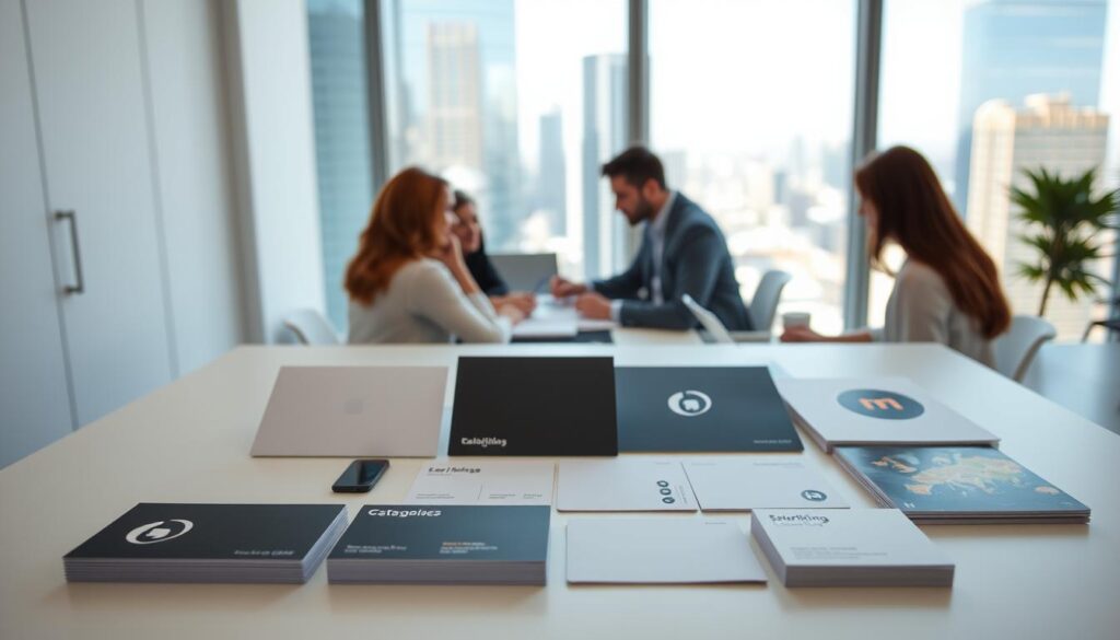 A modern, minimalist office interior with clean lines and bright, natural lighting. In the foreground, a carefully curated assortment of branding elements - a sleek logo, stylish business cards, and well-designed marketing collateral. The middle ground features a team collaborating on a digital presentation, their faces obscured to maintain focus on the branding materials. In the background, floor-to-ceiling windows offer a view of a bustling cityscape, symbolizing the startup's ambition and growth potential. The overall atmosphere conveys a sense of professionalism, innovation, and a commitment to building a strong, cohesive brand identity.