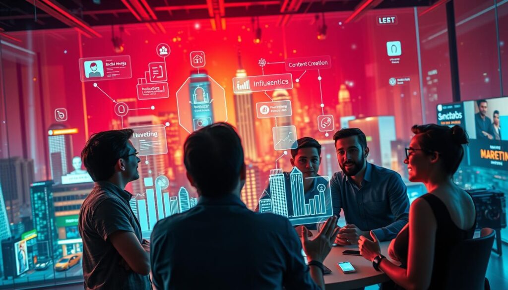 A vibrant and dynamic startup marketing landscape, captured with a cinematic flair. In the foreground, a team of driven entrepreneurs strategize, their faces illuminated by the glow of holographic projections showcasing various marketing tactics - social media, content creation, influencer partnerships, and innovative digital campaigns. The middle ground features a stylized cityscape, with skyscrapers and a bustling street scene, hinting at the global reach and impact of these startup marketing strategies. In the background, a pulsing, neon-infused technological backdrop sets the stage for this transformative power of marketing, where innovation and bold ideas collide to propel startups forward. Captured with a wide-angle lens, the scene exudes a sense of ambition, creativity, and the unstoppable force of cutting-edge marketing.