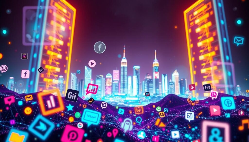 A vibrant digital landscape, with a dynamic array of marketing icons and symbols floating in the foreground. In the middle ground, a futuristic city skyline with glowing skyscrapers and holographic displays. The background bathes in a warm, neon-tinged atmosphere, accentuating the cutting-edge, tech-savvy nature of modern digital marketing. The scene is illuminated by a soft, diffused lighting, creating a sense of depth and emphasizing the interconnectedness of these digital marketing trends. The overall composition conveys a sense of innovation, progress, and the transformative power of technology in the world of marketing.