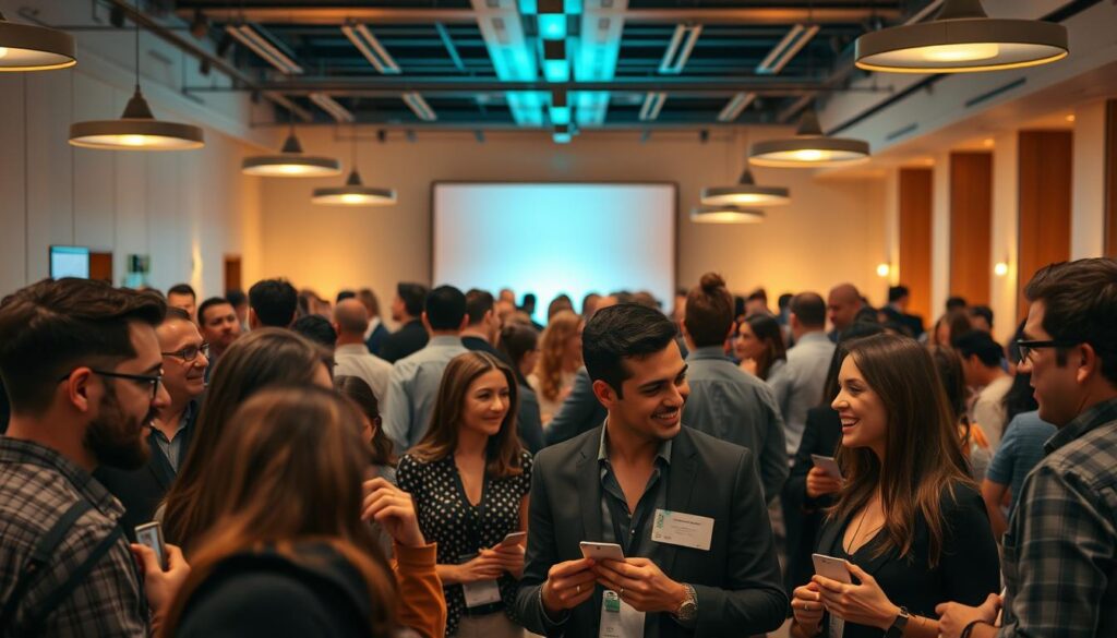 A bustling entrepreneurial hub, with successful founders gathered in a vibrant networking event. In the foreground, a group of professionals deeply engaged in lively discussions, their expressions animated and confident. The middle ground features a diverse array of attendees, mingling and exchanging business cards under the warm glow of modern pendant lighting. In the background, a sleek, minimalist backdrop evokes a sense of polish and professionalism, complemented by the soft ambiance of a high-end event space. The overall atmosphere exudes a palpable energy of collaboration, innovation, and the triumph of strategic networking.