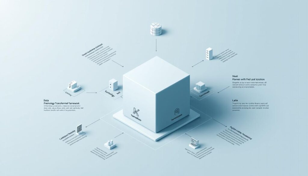 A detailed, minimalist digital transformation framework rendered in a clean, modern style. A central 3D cube represents the core components, surrounded by smaller geometric shapes and icons depicting key aspects like technology, data, processes, and culture. The layout is symmetrical and balanced, with a subtle grid pattern in the background. Muted, monochromatic tones of blues and grays convey a sense of sophistication and professionalism. Soft, directional lighting casts gentle shadows, highlighting the dimensional elements. The overall impression is one of a comprehensive, well-structured approach to digital transformation.