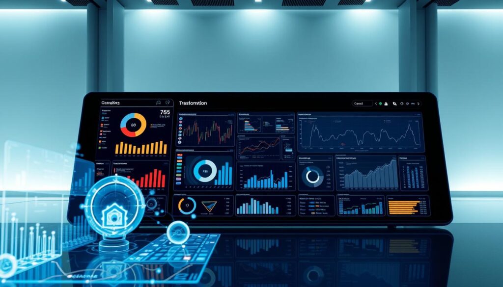 A digital transformation analysis displayed on a sleek, futuristic dashboard. In the foreground, holographic data visualizations and interactive infographics showcase key metrics and insights. The middle ground features a large, high-resolution screen displaying complex data models and analytical reports. The background is a minimalist, tech-inspired environment with subtle lighting effects, clean lines, and a sense of dynamic motion. The overall atmosphere conveys a powerful, data-driven approach to powering business success through digital transformation.