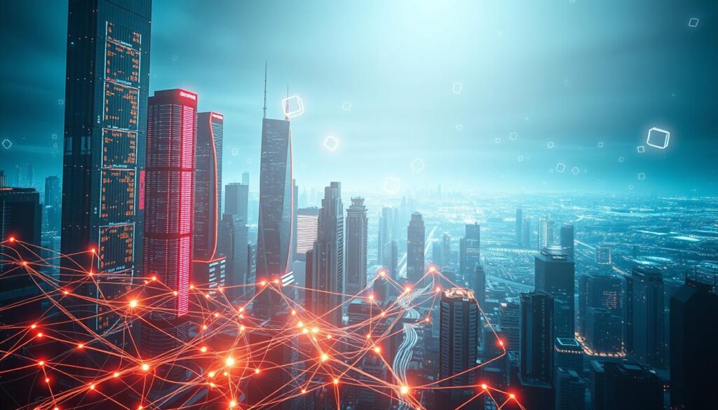 A striking digital cityscape illuminates the transformative power of technology. In the foreground, a network of glowing data streams and circuits intertwine, symbolizing the interconnectedness of modern business. The middle ground features towering digital skyscrapers, their sleek facades adorned with holographic displays and neon accents, representing the evolution of the urban landscape. The background is dominated by a vast, ethereal digital landscape, where floating geometric shapes and shimmering energy fields convey the boundless potential of the digital realm. The scene is bathed in a cool, futuristic lighting that casts dramatic shadows, evoking a sense of progress and innovation. The overall atmosphere is one of dynamism, innovation, and the seamless integration of the physical and digital worlds.