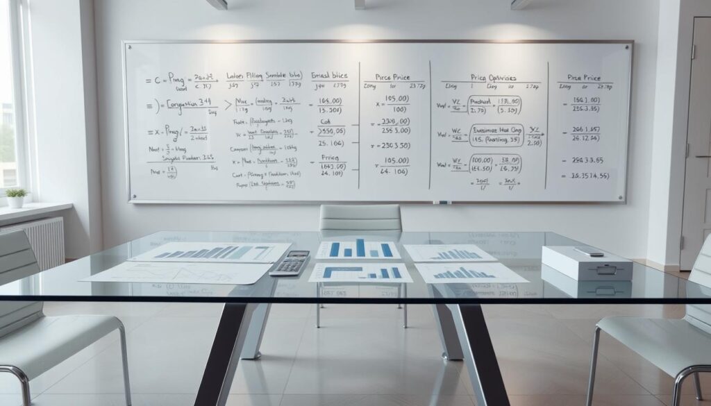 A sleek, modern office space with a minimalist glass table showcasing various financial charts, graphs, and diagrams. The tabletop is illuminated by soft, diffused lighting, creating a professional and analytical atmosphere. In the background, a large whiteboard displays complex mathematical equations and pricing optimization formulas, representing the strategic thinking involved in product pricing. The scene conveys a sense of precision, optimization, and data-driven decision-making, perfectly illustrating the "Market Research and Competitive Analysis in Pricing" concept.