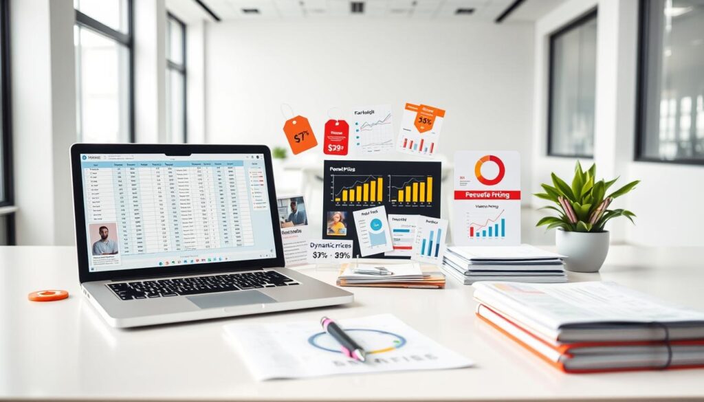 A well-lit, high-resolution image of a minimalist, modern office desk, showcasing various pricing strategies. In the foreground, a laptop displays a spreadsheet with product pricing data. Surrounding it, an array of pricing tags, stickers, and charts, demonstrating different pricing models like penetration pricing, value-based pricing, and dynamic pricing. The middle ground features a stack of business documents and a pen, hinting at the analytical process behind pricing decisions. The background depicts a clean, bright workspace with large windows, creating an atmosphere of thoughtful deliberation and strategic planning.