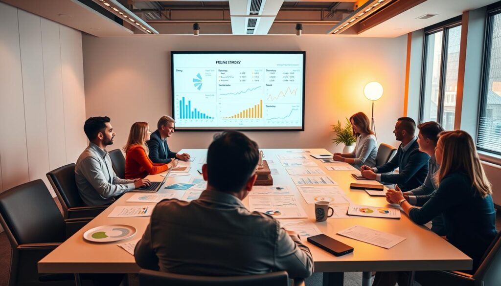 A vibrant, well-lit conference room with a large table surrounded by businesspeople engaged in a pricing strategy meeting. The table is adorned with various pricing charts, graphs, and data visualizations projected on a screen at the front of the room. The lighting is warm and inviting, creating a sense of collaboration and focused discussion. The room features modern, minimalist furniture and neutral tones, allowing the pricing information to take center stage. The overall atmosphere conveys a thoughtful and analytical approach to developing effective pricing strategies for the business.