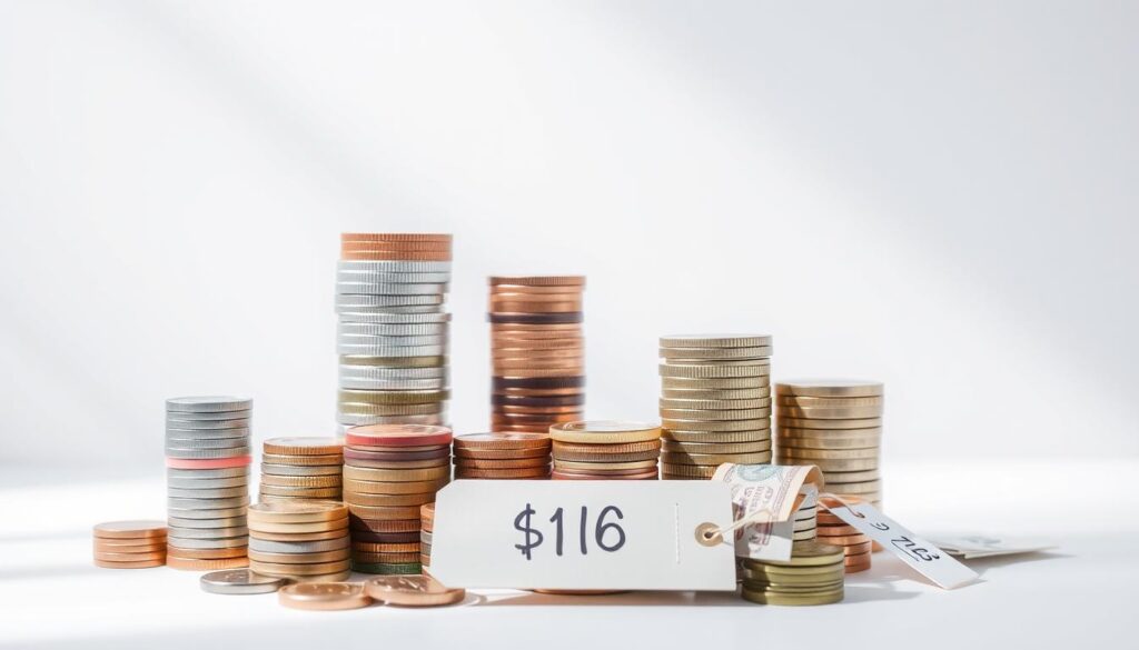 A strategic pricing display featuring stacks of colorful coins, currency notes, and price tags against a clean, minimalist background. The arrangement conveys a sense of careful planning and attention to detail. The lighting is soft and directional, casting subtle shadows that highlight the dimensional aspects of the scene. The overall composition suggests a thoughtful, calculated approach to pricing one's products to attract customers and boost profits.