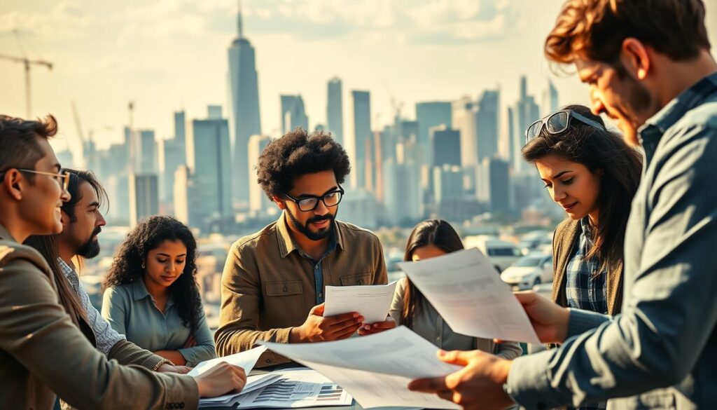 A bustling city skyline in the background, with skyscrapers and cranes dotting the horizon. In the foreground, a group of diverse entrepreneurs navigating the challenges of starting a business. They are engaged in animated discussions, brainstorming ideas, and poring over financial documents. The lighting is warm and natural, casting an air of determination and resilience. The scene is captured from a slightly elevated angle, providing a comprehensive view of the entrepreneurs' struggles and triumphs. The overall atmosphere conveys the resilience, innovation, and perseverance that define the entrepreneurial journey.