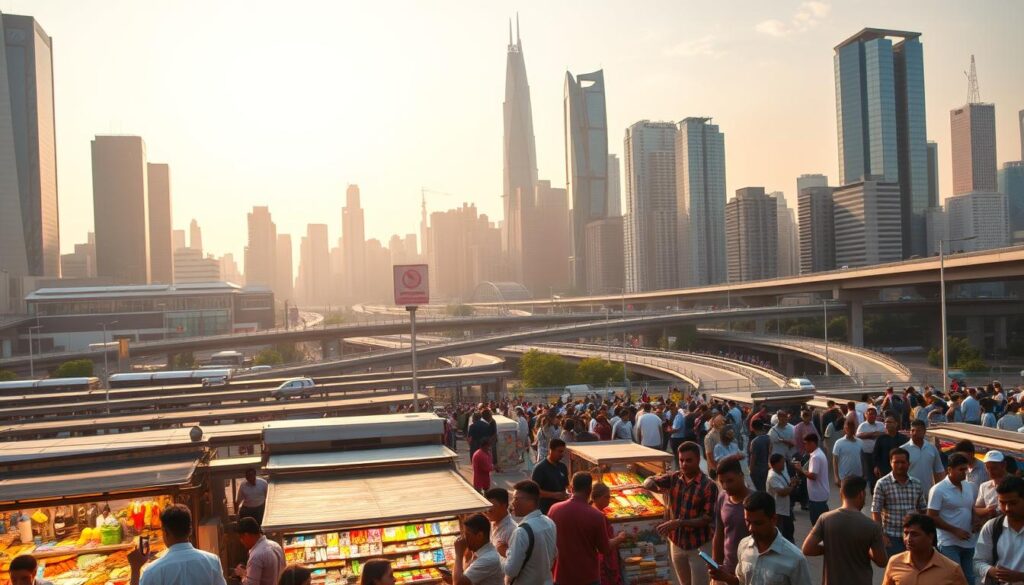 A bustling cityscape in an emerging market, capturing the dynamic growth of e-commerce. In the foreground, a thriving marketplace with vibrant stalls and people engaged in lively transactions, their smartphones and tablets reflecting the digital revolution. The middle ground features modern high-rises and skyscrapers, their glass facades gleaming under warm, golden sunlight. In the background, a network of criss-crossing highways and bridges, symbolizing the interconnectedness and infrastructure that enables the digital economy. The overall scene conveys a sense of energy, progress, and the transformative power of technology-driven commerce in the developing world.