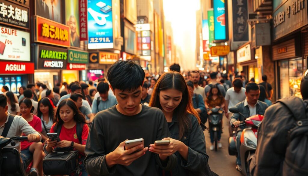 A bustling cityscape in an emerging market, teeming with diverse shoppers engrossed in their mobile devices, browsing and purchasing from a myriad of online stores. Vibrant storefronts and digital billboards illuminate the scene, while delivery riders zip through the congested streets. Warm, diffused lighting casts a golden glow, conveying a sense of economic growth and optimism. In the foreground, a group of young, tech-savvy consumers examine products on their screens, reflecting the rise of e-commerce and digital-first purchasing habits. The overall atmosphere is one of dynamic change, capturing the evolving online shopping trends shaping the future of retail in emerging markets.