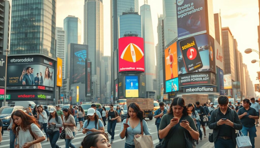 A bustling urban landscape, with towering skyscrapers and vibrant billboards showcasing the latest e-commerce trends. In the foreground, a diverse group of shoppers navigate the streets, their smartphones in hand, as they browse and compare prices. In the middle ground, delivery drivers zip through the traffic, packages in tow, highlighting the rapid growth of online shopping. The background is illuminated by a warm, golden glow, creating a sense of optimism and prosperity. The scene captures the energy and dynamism of emerging markets, where e-commerce is transforming the retail landscape.