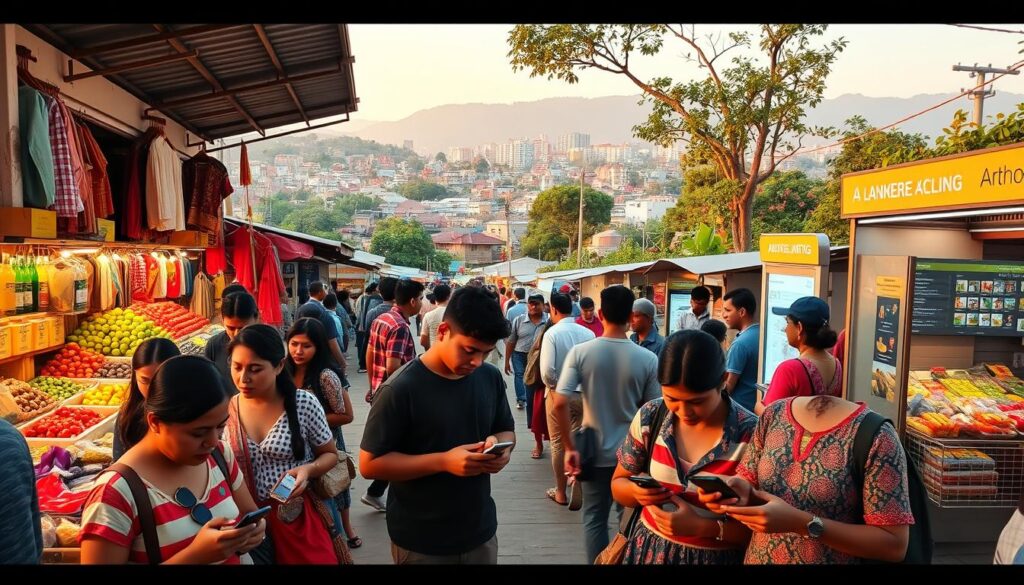 A bustling open-air market in a vibrant emerging region, with vendors showcasing an array of colorful goods. In the foreground, a group of people intently tapping and swiping on their smartphones, engaged in mobile commerce transactions. The middle ground features a mix of traditional stalls and modern kiosks, highlighting the juxtaposition of old and new. In the background, a cityscape of low-rise buildings and lush vegetation, bathed in warm, golden-hour lighting. A sense of energy, growth, and technological adaptation permeates the scene.