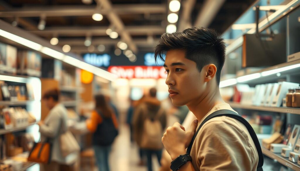 A bustling retail environment with a customer intently examining products on display. The lighting is warm and inviting, creating a sense of discovery and exploration. In the foreground, the customer's expression conveys deep contemplation, their body language suggesting an active decision-making process. The middle ground features neatly arranged shelves, showcasing an array of enticing merchandise. The background is slightly blurred, drawing the viewer's focus to the customer's thoughtful engagement. An atmosphere of anticipation and the promise of a satisfying purchase pervades the scene.