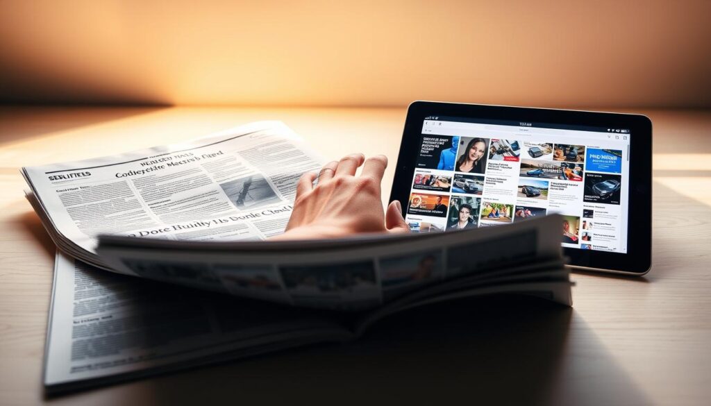 A striking evolution from the printed page to the dynamic digital realm. In the foreground, an open newspaper with crisp, monochrome classified ads gives way to a sleek tablet display showcasing vibrant, interactive digital listings. The middle ground features a blending of the physical and virtual, with a hand tentatively reaching towards the screen, symbolizing the transformative shift. The background is a softly-lit, minimalist setting, emphasizing the elegant transition from the tangible to the immersive online experience. Warm lighting and a muted color palette evoke a sense of progress and modernity, capturing the essence of the transformation of traditional classified advertising.