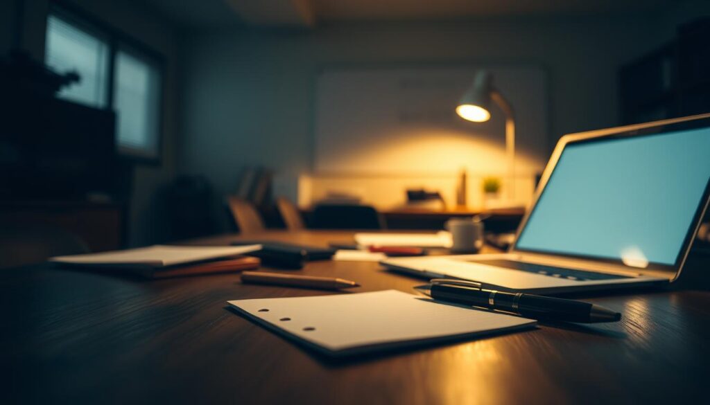 A dimly lit office space, with a wooden desk in the foreground. On the desk, an assortment of office supplies, including a pen, notepad, and a subtle glow from a laptop screen. The background is blurred, suggesting a focus on the desk and its contents. Soft, warm lighting casts shadows and highlights the textures of the materials, creating a contemplative, introspective atmosphere. The scene conveys a sense of thoughtfulness and the process of crafting impactful words for advertising, hinting at the "secrets" of effective word choice.