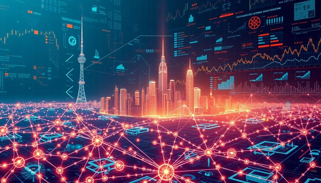 a detailed and futuristic digital illustration depicting the current state of AI integration in economic systems. in the foreground, a complex network of interconnected nodes and lines representing the intricate relationships between AI algorithms, financial data, and economic indicators. the middle ground features a glowing, holographic cityscape with towering skyscrapers and transportation hubs, symbolizing the integration of AI-powered technologies into modern economic infrastructure. in the background, a vibrant and dynamic visualization of global economic trends, with fluctuating graphs, charts, and data visualizations that convey the rapid evolution of AI-driven economic growth. the overall mood is one of technological advancement, complexity, and forward-thinking, with a subtle sense of awe and wonder at the transformative potential of AI in shaping the economic future.