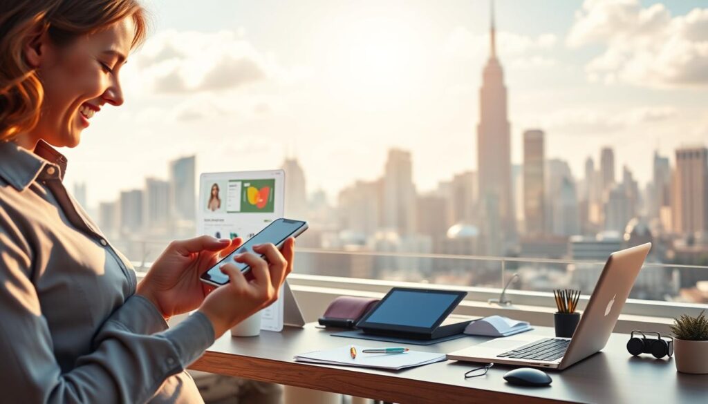 A vibrant e-commerce success scene on a sunny day, showcasing a well-designed online store with a sleek, responsive interface. In the foreground, a satisfied customer examining a high-quality product on their smartphone, their face expressing joy and satisfaction. The middle ground features a minimalist, modern desk setup with a laptop, tablet, and various productivity tools, representing the efficient backend operations of the e-commerce business. In the background, a city skyline with towering buildings and bustling activity, symbolizing the global reach and scale of the online enterprise. The scene is bathed in warm, golden lighting, creating a sense of prosperity and achievement. The overall atmosphere conveys a feeling of effortless, streamlined e-commerce success.