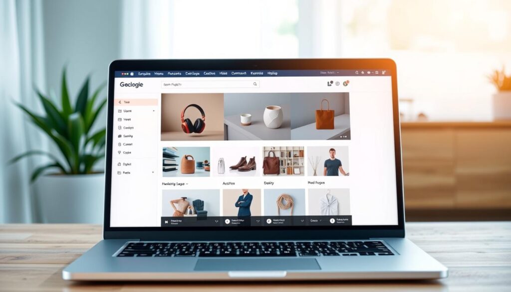 A well-organized online store, featuring a clean and minimalist design, showcases a variety of products against a soft, natural light backdrop. In the foreground, a laptop displays an e-commerce platform, with intuitive navigation and user-friendly interface. The middle ground depicts carefully curated product images, arranged in a visually appealing grid layout. In the background, a warm, wooden surface suggests a cozy, home-office ambiance, encouraging a sense of trust and authenticity. The overall mood is one of professionalism, efficiency, and a commitment to providing a seamless online shopping experience.